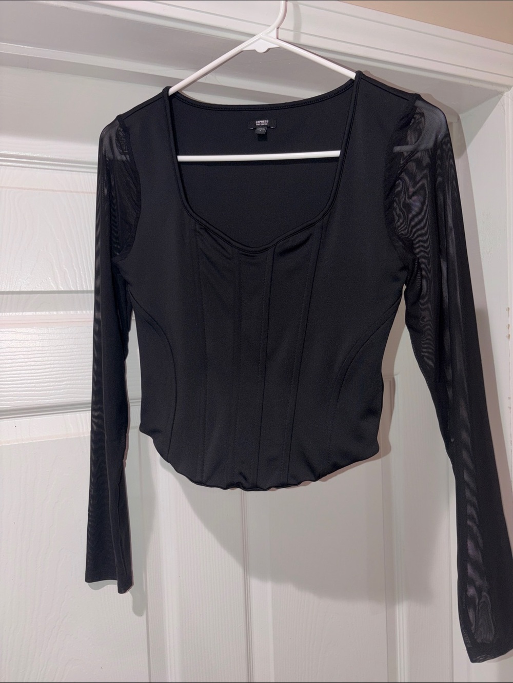Express Black Long Sleeve Mesh-Panel Scoop Neck Top Size Small